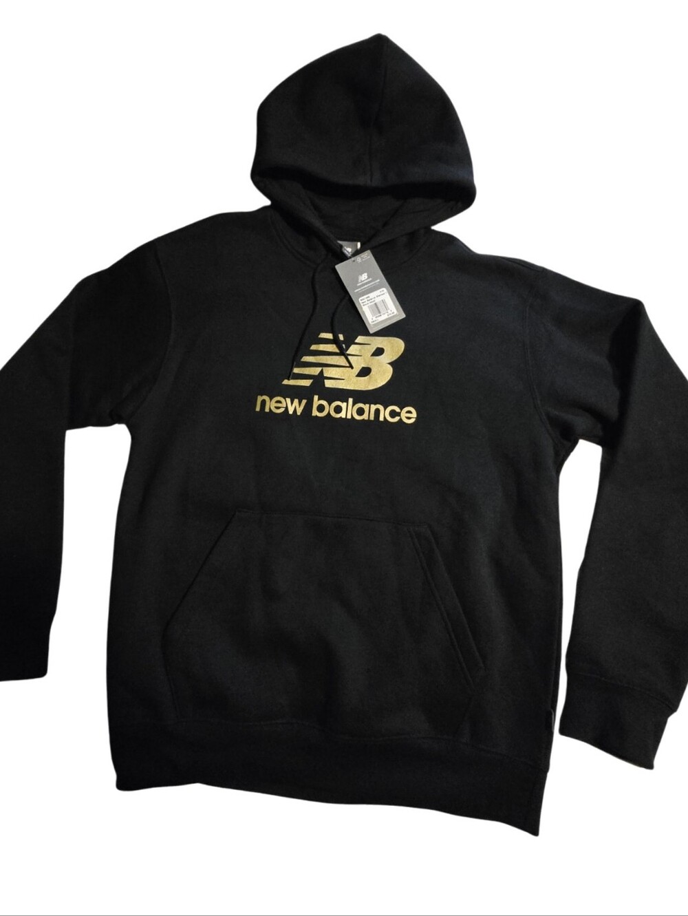 New Balance Essentials Stacked Hoodie Black Gold Logo Men SIZE SMALL